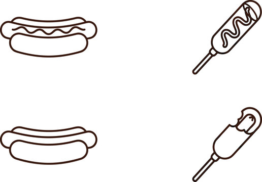 Minimalist hot dog and corn dog line icon collection featuring clean outline variations with mustard zigzags and bitten sections vector elements