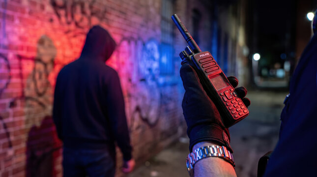 police officer holding radio during night patrol in dark alley with graffiti. arresting hooded suspect against brick wall under flashing lights. law enforcement, banner, website header.