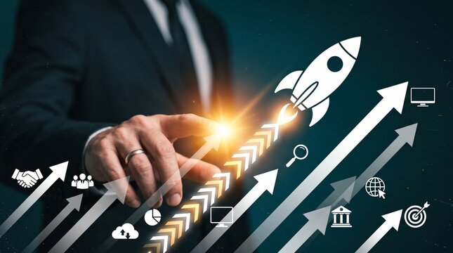 Business rocket launch growth concept on white background