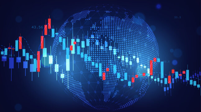 Abstract global business background with wireframe globe and dynamic financial candlestick charts on blue. 