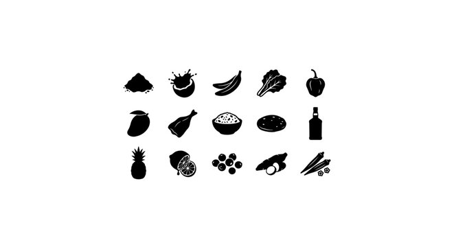 Fresh Produce Icons Set, Healthy Food Vector Graphics, Organic Ingredients Collection, Simple Silhouette Graphics