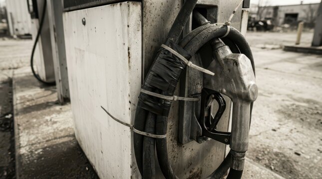 Coiled fuel hose and worn pump nozzle at derelict service station for industrial background and editorial use