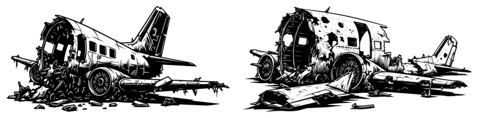 Obraz premium Crashed Airplane Wreckage Vector, Abandoned Aircraft Ruins Illustration, Plane Crash Site Debris in Woodcut Style