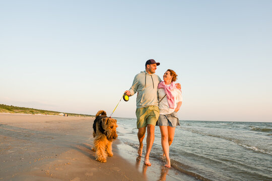Couple Walks With Dog Along the Beach 