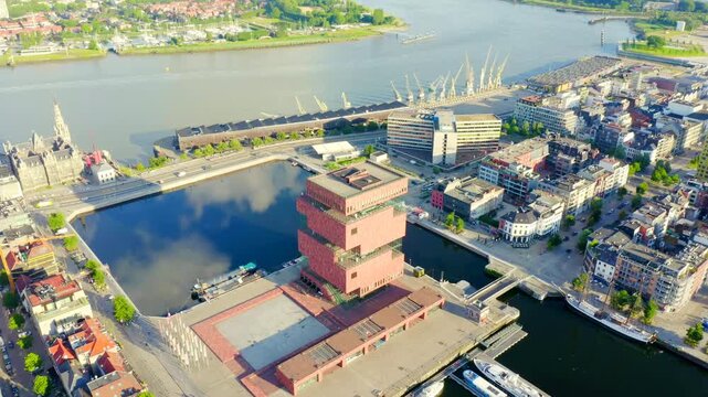 Antwerp, Belgium. MAS Museum (Museum aan de Stroom). Drone footage, Point of interest