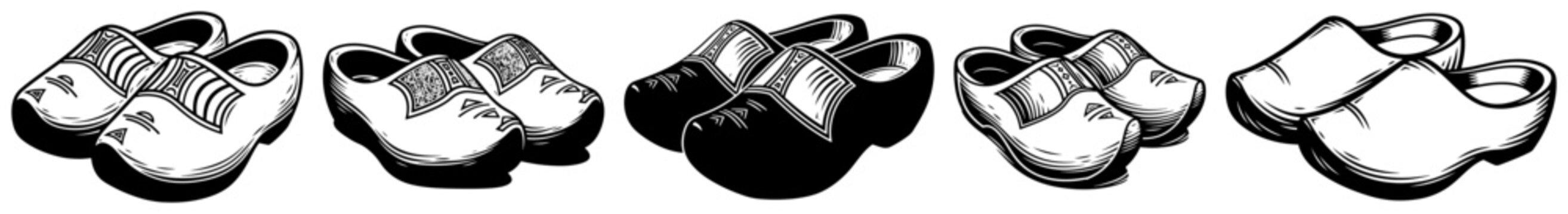 Traditional Wooden Clogs Vector Set, Dutch Klompen Shoes Illustration, European Folklore Footwear Graphic