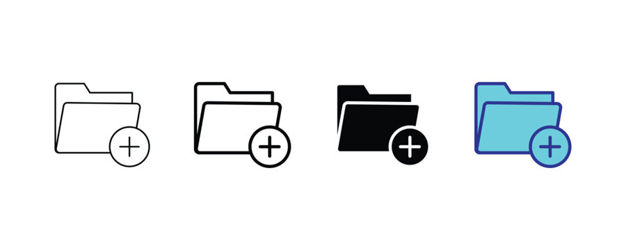 Set of four folder icons with a plus sign symbol in different graphic styles for user interface design
