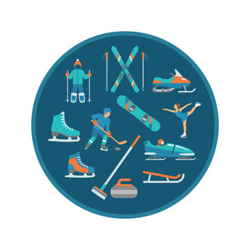 Winter Sports Icons Collection: Skiing, Skating, Hockey, Snowboarding, Curling, Bobsled