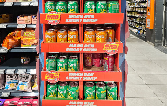 More nutrition fizzy soft drink display in supermarket