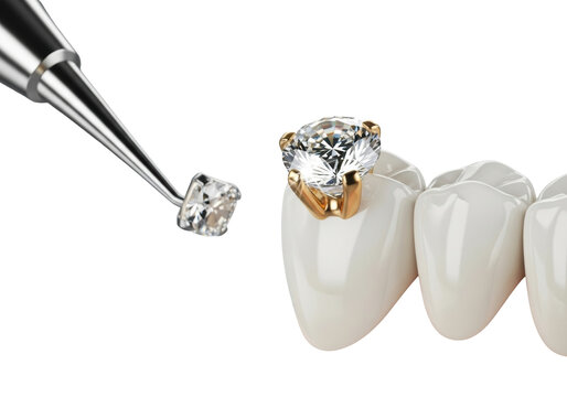 Brilliant gold or diamond tooth gem on pristine human canine tooth, subtle out-of-focus silver applicator, on transparent studio background, concept of dental luxury