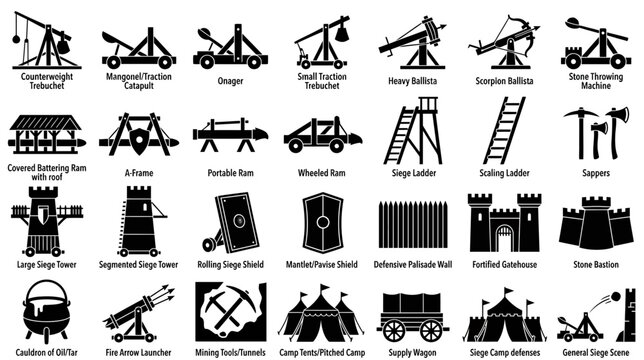 Medieval Siege Weapons and Fortifications Icons Set