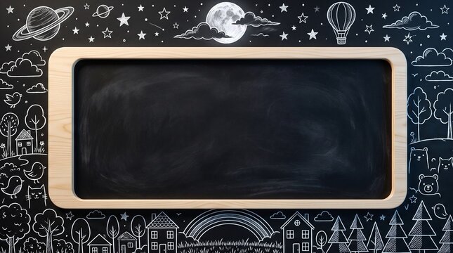 Blank Blackboard Mockup with Wooden Frame and Cute Chalk Doodle Border Pattern