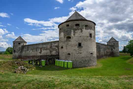 Massive corner bastion of the Bzovik fortified monastery above its dry moat, Slovakia