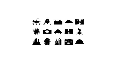Space Exploration Icons Set, Mars Rover, Lander, Astronaut Helmet, Science Technology Vector Graphics © Tamim