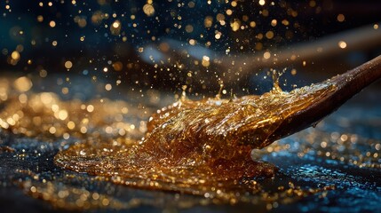 Naklejka premium Glimmering Liquid Gold Dripping from a Wooden Spoon with Sparkles