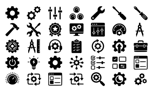 Settings and Configuration Glyph Vector Icon Set with Maintenance Tools Service and Innovation Symbols