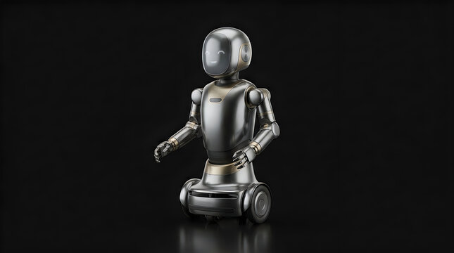 Humanoid Robot Standing with Hands Clasped, Futuristic Design and Metallic Texture