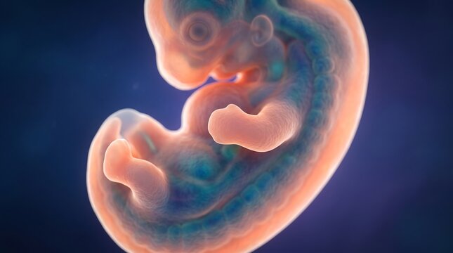 Human embryo development stage showing detailed fetal anatomy in early pregnancy with prenatal development medical illustration amniotic sac 3D render digital art embryology obstetrics placenta
