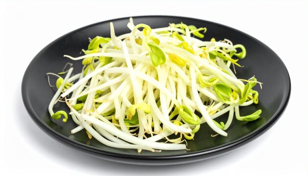 Fresh Raw Mung Bean Sprouts on Black Plate Isolated on White