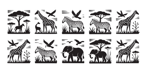 Naklejka premium Savanna wildlife silhouette stamps with giraffe zebra elephant and flying birds for nature themed labels.