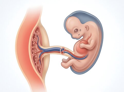 Medical illustration of human fetus connected to placenta through umbilical cord during pregnancy with prenatal development amniotic fluid blood vessels blood supply placenta pregnancy gestation