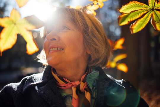 Elderly woman with short blonde hair smiles softly while surrounded by autumn leaves, sunlight filtering through foliage in a serene outdoor setting