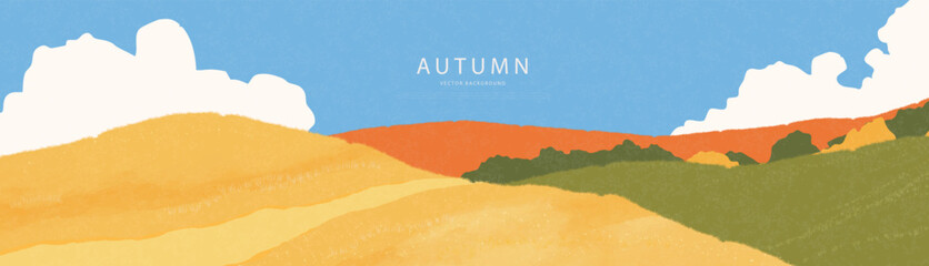 Fototapeta premium Autumn landscape banner in textured painterly style with grainy effect. Vibrant orange and yellow hills under blue sky with clouds for seasonal backdrop and design, vector illustration.