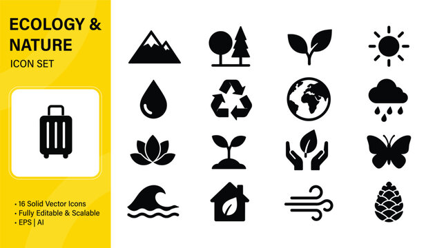 Ecology and Nature Icon Set, Solid Vector Icons for Eco Friendly, Environment, Renewable Energy, and Conservation Concepts