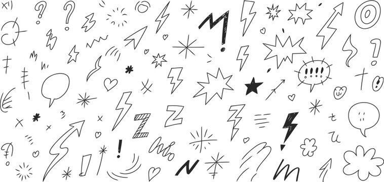 Assorted black hand drawn comic book doodles and symbols on a white background.