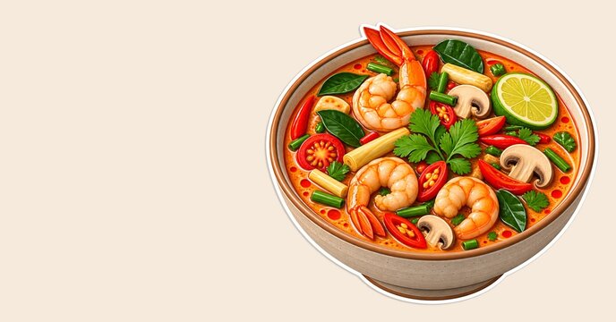 Tom Yum Soup - Spicy Thai tom yum soup with prawns, mushrooms, lemongrass, and lime, food sticker illustration