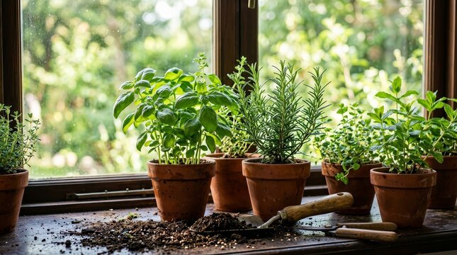 Home gardening setup with fresh herbs in pots and gardening tools on a windowsill.