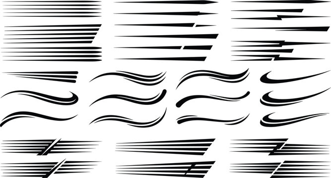 Collection of black dynamic speed lines, racing stripes, and curved swoosh elements for sports design.
