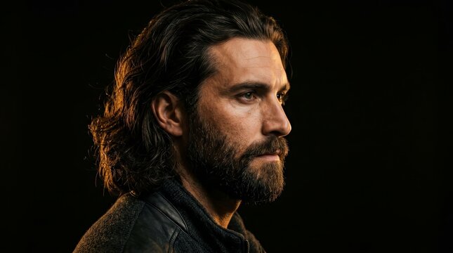 A thoughtful and intense gaze of a man with a beard and long dark hair in dramatic low light.