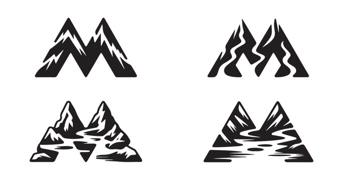 Minimalist mountain m letter logo template set with decorative rivers for outdoor brand identity designs.