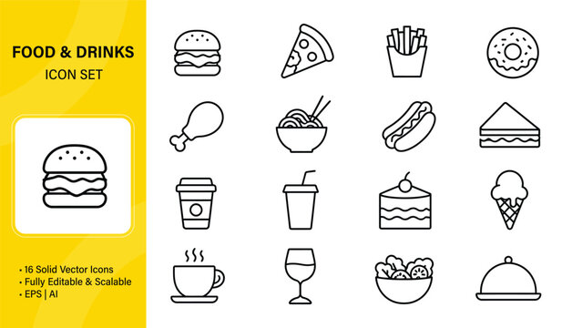 Food and Drinks Icon Set, Line Vector Icons for Restaurant, Fast Food, Bakery,