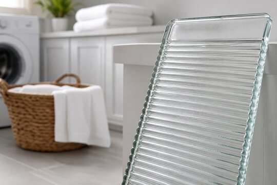 Modern glass washboard in clean laundry room with washing machine