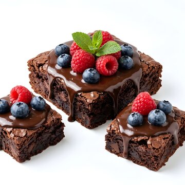 Delicious fudgy chocolate brownies topped with fresh raspberries, blueberries, mint leaves, and dark chocolate, served on a white plate, food photography