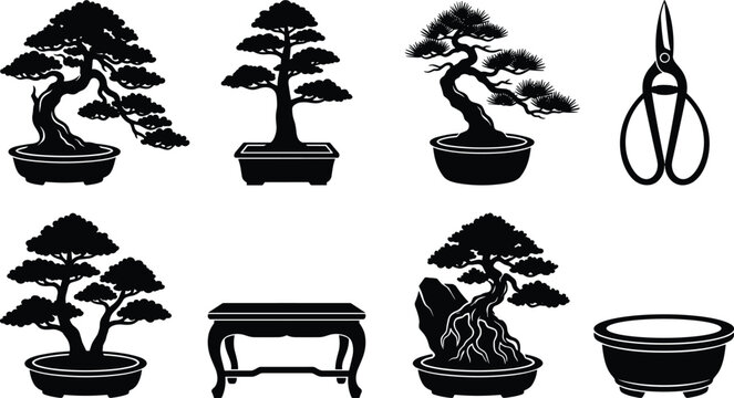 Set of black silhouette bonsai trees in pots with pruning shears and display table isolated on white