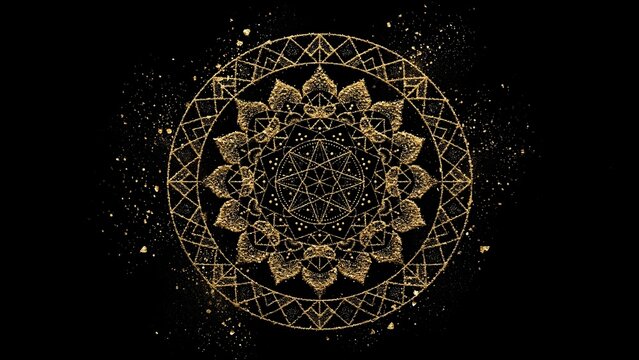 Gold mandala design on black background
