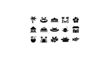 Fototapeta premium Tropical Island Icons: Beach, Palm Tree, Hammock, Coconut Drink, Vacation Set