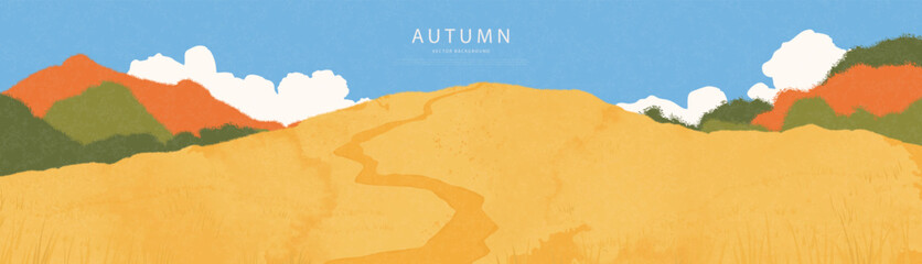 Fototapeta premium Autumn landscape banner with golden hill and winding path leading to mountains. Artistic painterly style with grainy texture for nature backdrop or seasonal design, vector illustration.