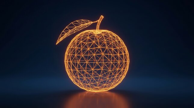 Futuristic design featuring a glowing orange wireframe fruit sphere on a dark background.