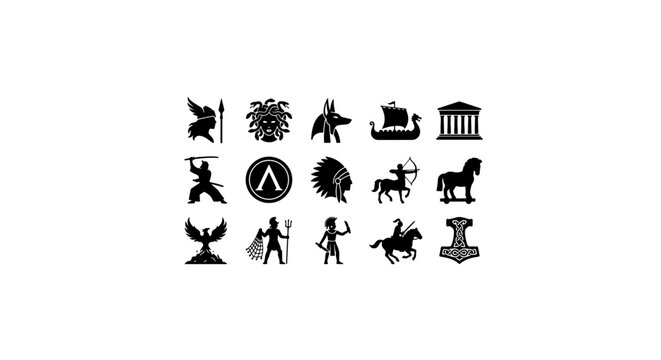 Ancient Greek Mythology Icons, Gods, Heroes, Symbols Vector Set, Black Silhouette