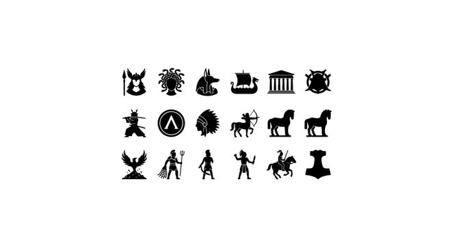 Ancient Greek Mythology Icons, Gods, Heroes, Creatures, Symbols, Vector Set