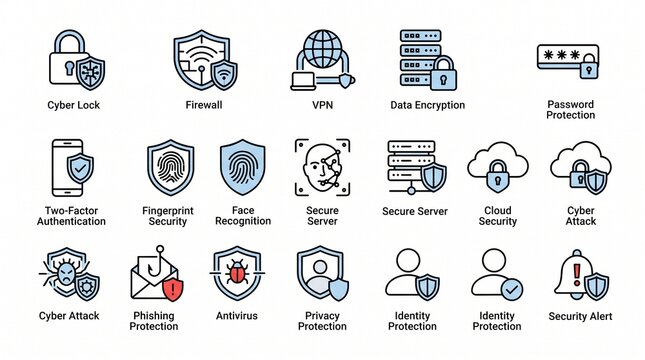 Cybersecurity and Privacy Outline Icon Set &ndash; Firewall, VPN, Encryption, Password and Data Protection