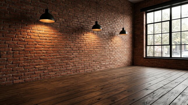 Rustic loft interior with three pendant lights illuminating a textured brick wall.