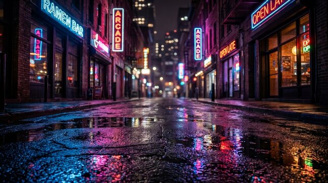 Empty pavement of a wet urban alleyway with bright neon shop and diner lights.