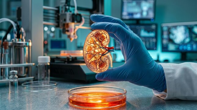A gloved hand holds a transparent kidney structure created by bioprinting technology.