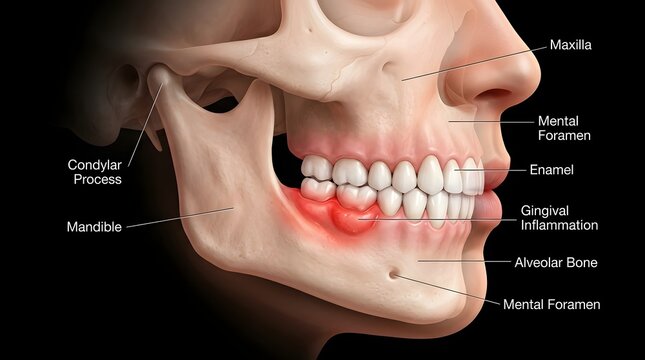 Medical illustration of human jaw anatomy with gum inflammation and teeth