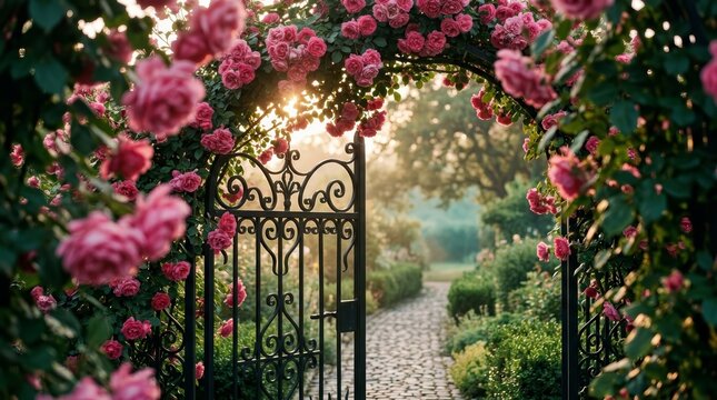 A romantic garden archway covered in pink roses opening to a path at sunset.